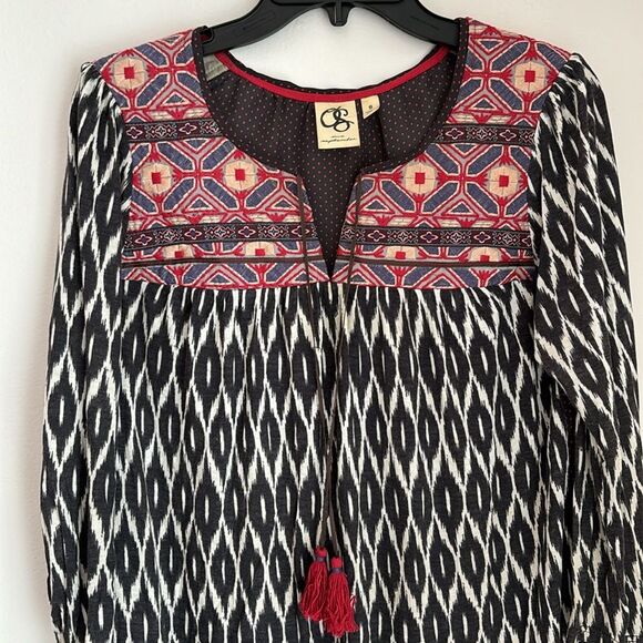 Anthropologie One September Women tribal polka dot tassel embroidered shirt Sm - Picture 3 of 10